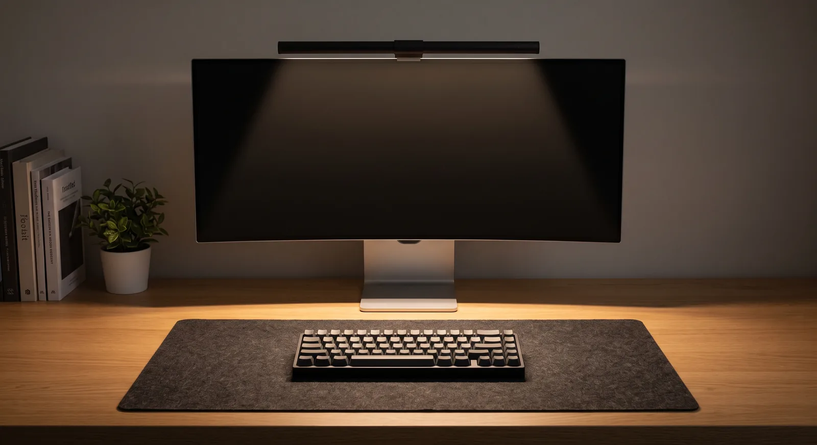 Black 50cm computer monitor light bar illuminating a dark felt desk mat and mechanical keyboard in a minimal workspace