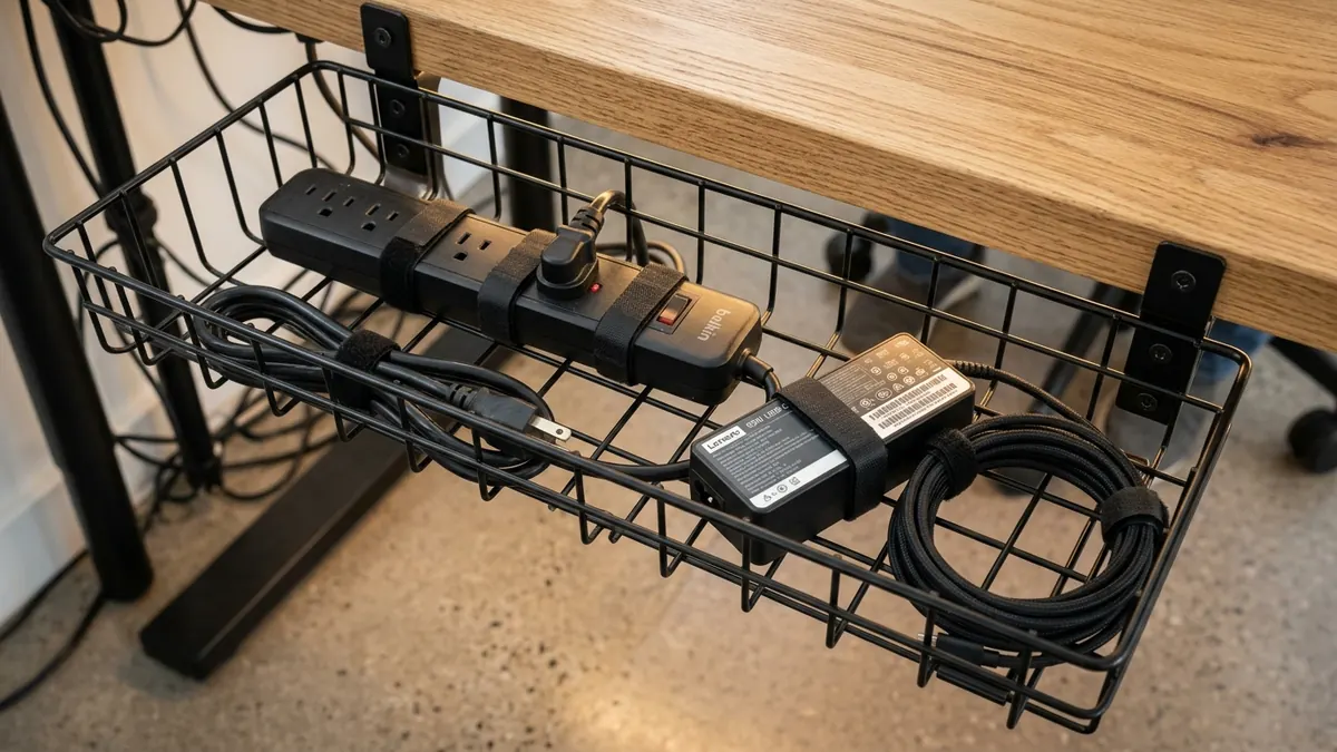 Close-up of power strip and laptop transformer resting in steel wire basket with ample airflow
