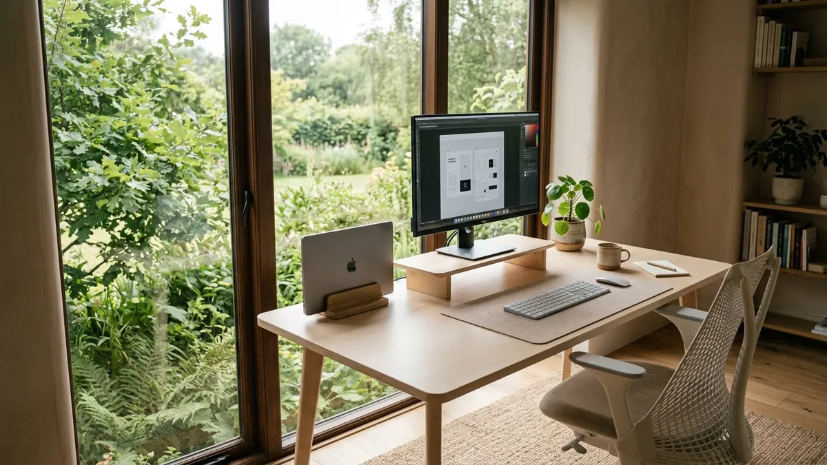 Wide angle view of a completely cord-free minimalist desk setup with natural light and clean lines