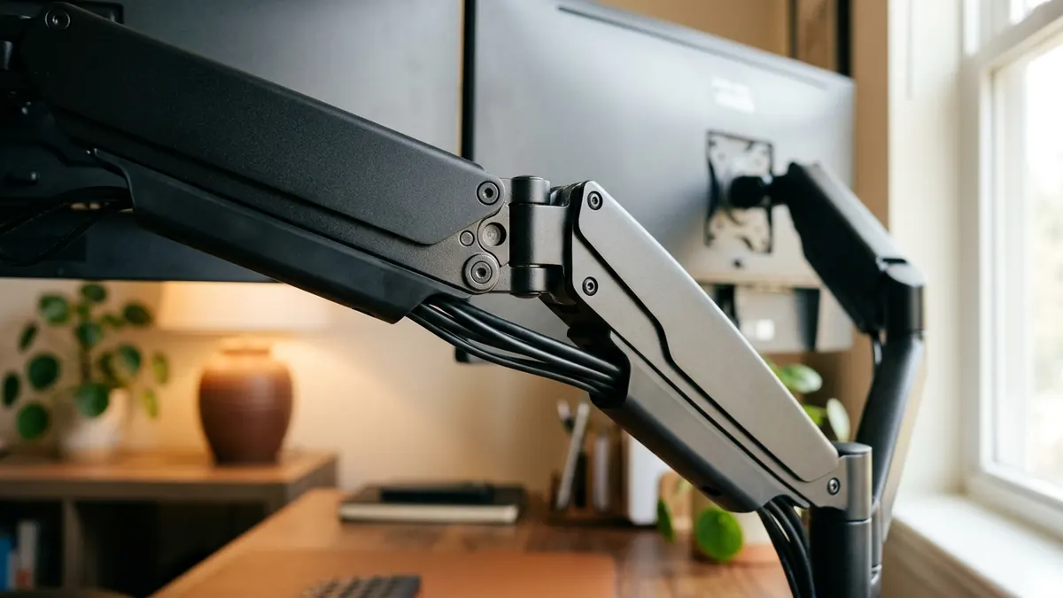 Close-up view of cables cleanly concealed within internal raceways of a dual monitor arm stand