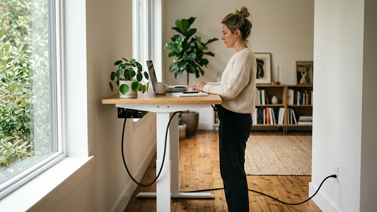 Elevated motorized standing desk demonstrating clean single drop master cable and articulating arm wire routing