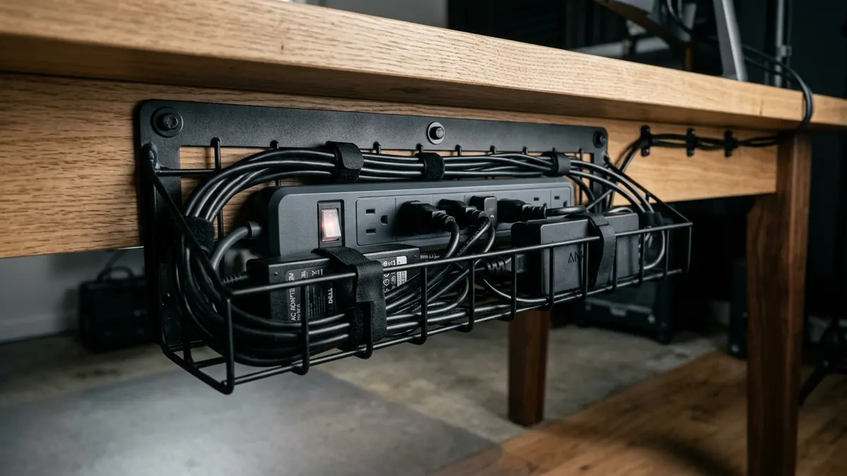 Heavy duty steel under desk cable tray mounting cleanly beneath solid wood desktop housing power strip