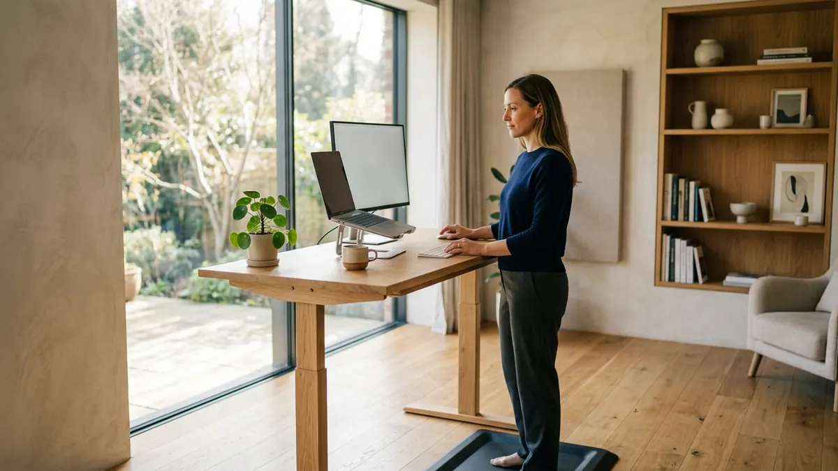 Clean minimal standing office with a person working comfortably at full standing height with clean cable management