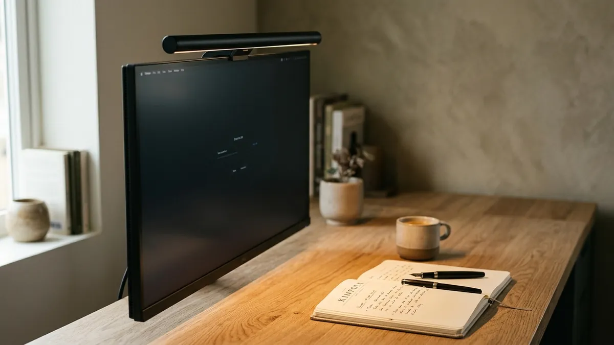 Side angle diagram showing asymmetrical light beam projection from monitor light bar clearing the screen plane