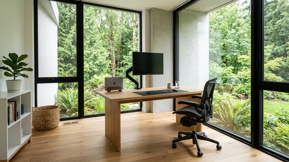 Bright minimalist home office featuring a professional working comfortably standing at an oak standing desk