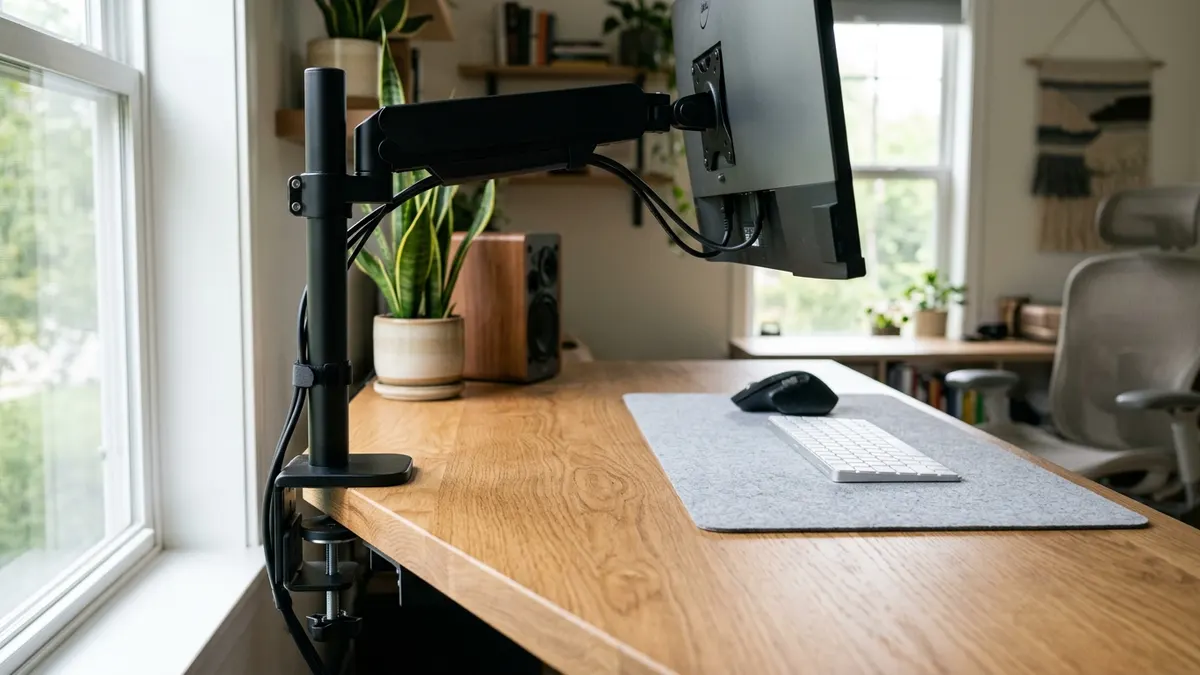 Full-motion single monitor arm mounted on standing desk maintaining precise eye level height during elevation