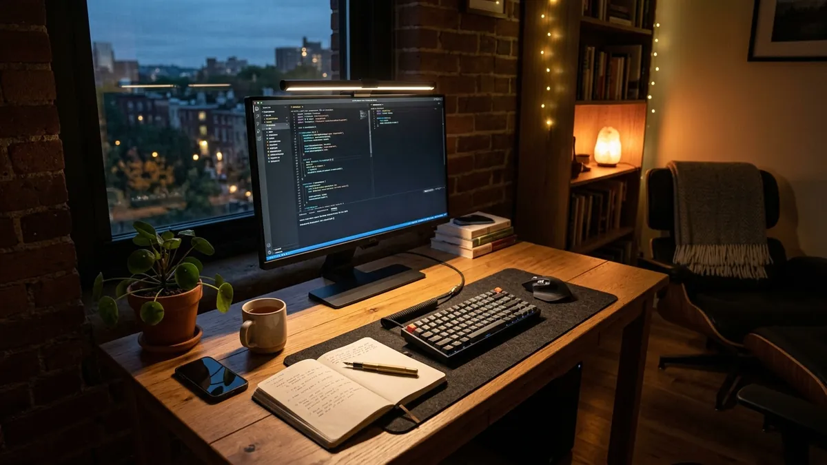 Organized workspace featuring solid wood desk organizer and leather desk mat illuminated by monitor light bar