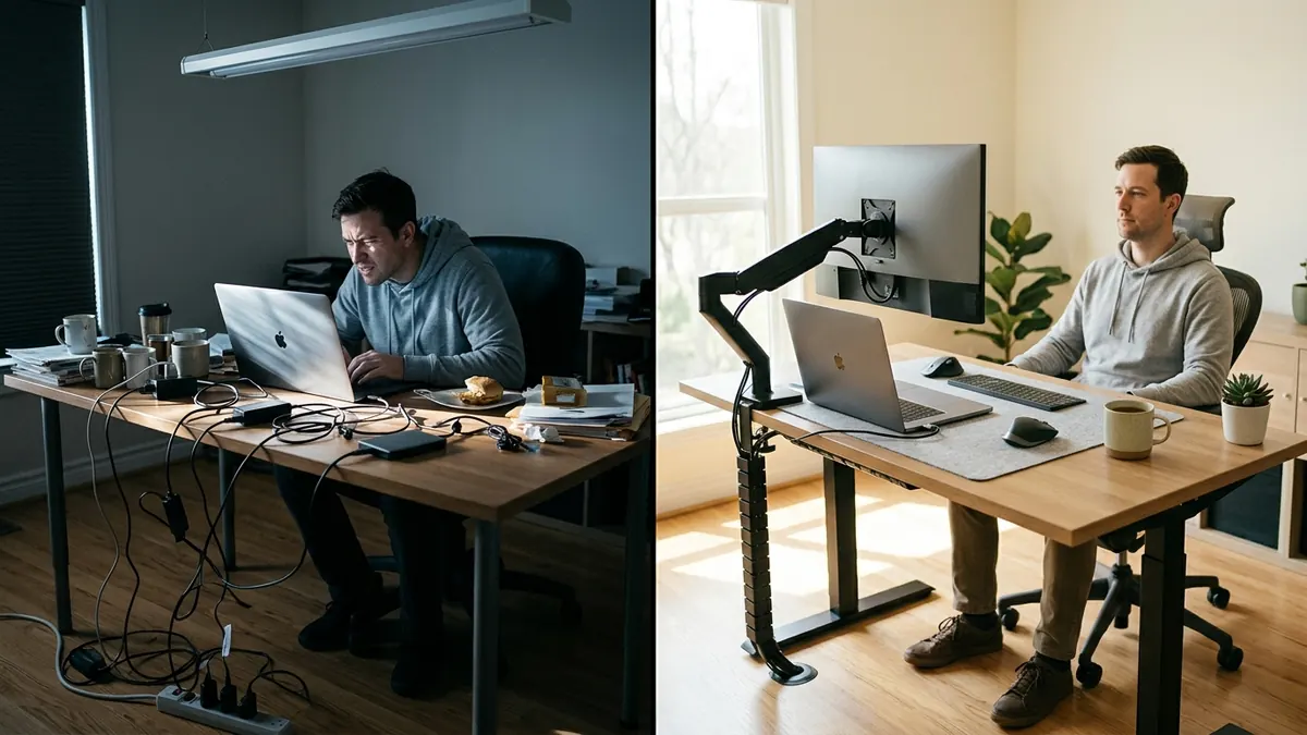 Split before and after comparison of a slouched cluttered desk setup vs a calibrated ergonomic workstation alignment
