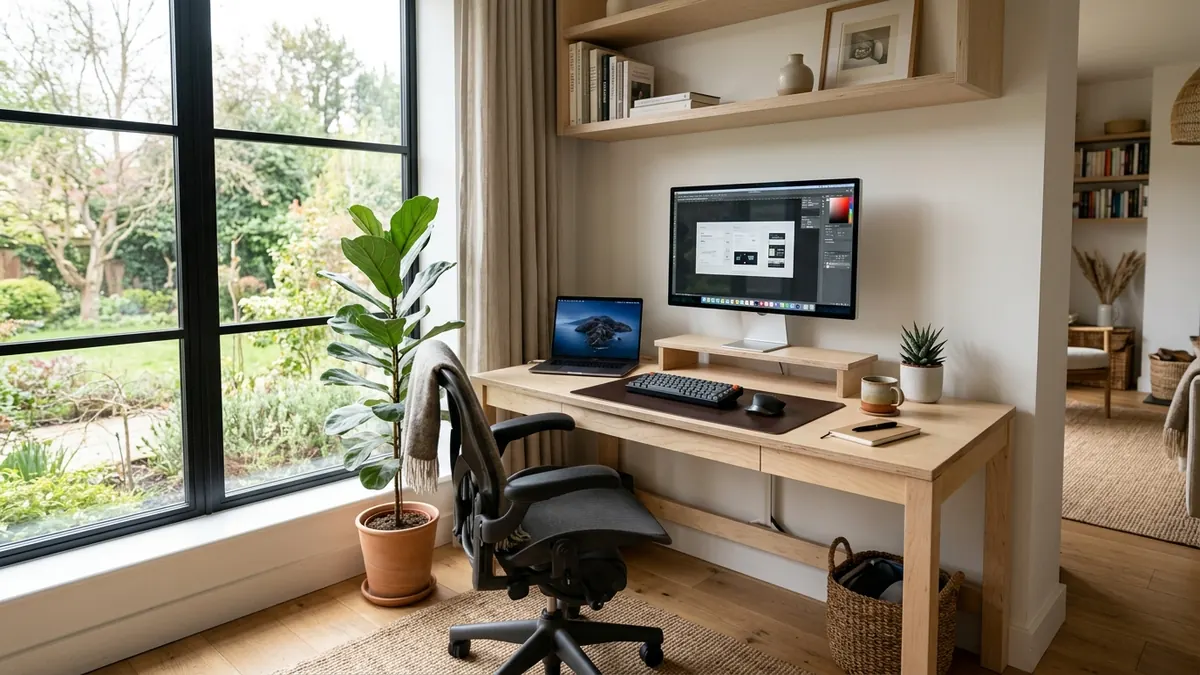 Wide angle lifestyle view of a tranquil minimalist home office with natural window light and perfect ergonomic alignment