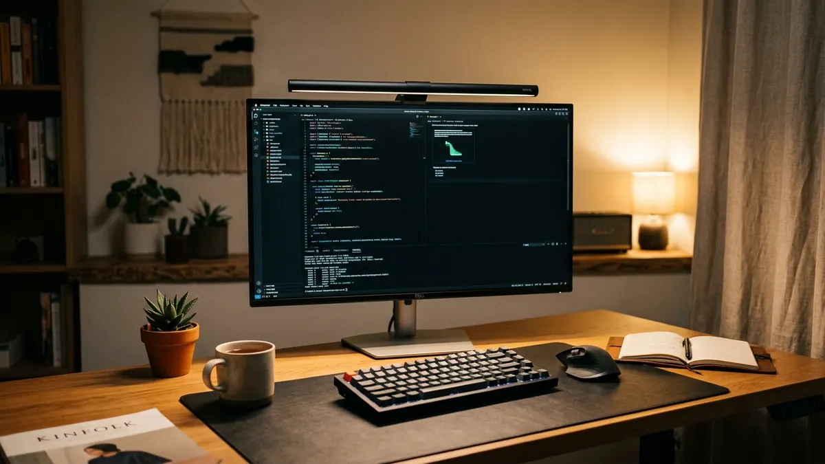 Minimalist desk setup illuminated by a sleek 50cm monitor light bar eliminating screen glare in warm 3000K lighting
