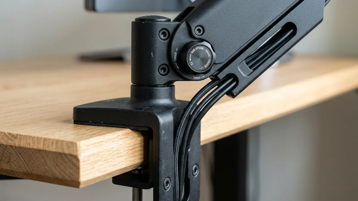 Close up shot of an aluminum articulating gas spring monitor arm mounted cleanly onto a solid wood desktop