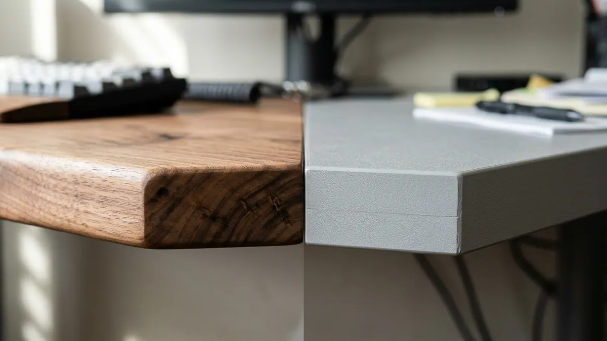 Close-up macro comparison of smooth rounded solid walnut desk edge versus sharp 90-degree edge band on laminate desk