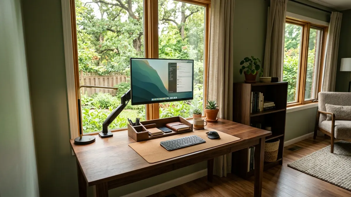 Minimalist home office workstation featuring a solid walnut desk with cork mat, floating screen, and wood desk organizer