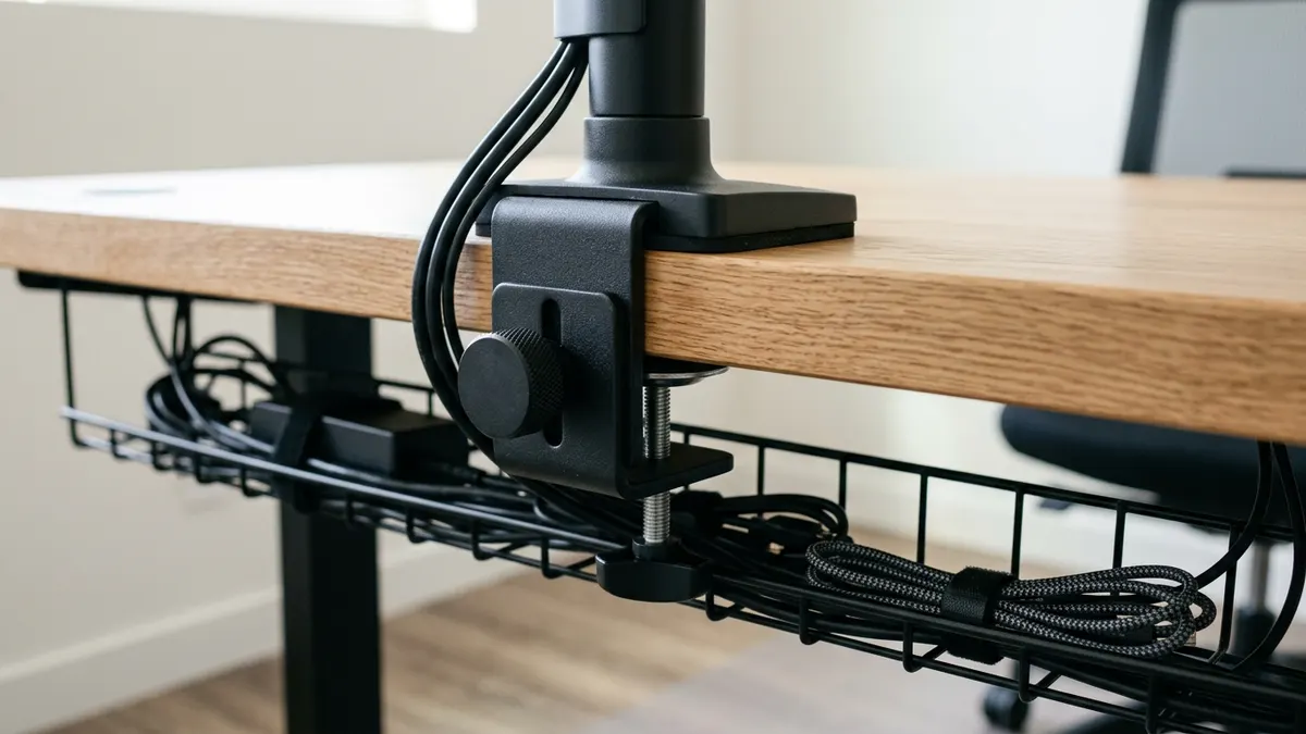 Heavy-duty steel monitor arm clamp mounted securely onto solid oak tabletop demonstrating structural load stability