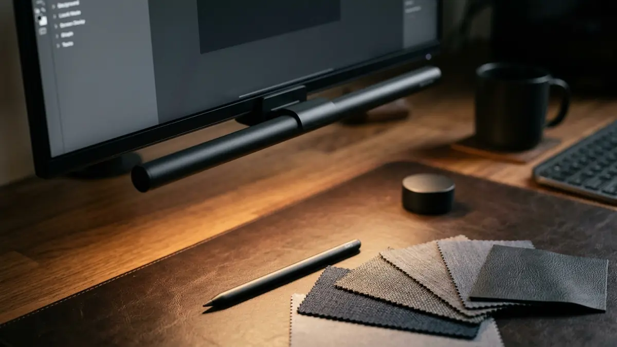 Creative graphic designer desk setup with 50cm monitor light bar illuminating color swatches and drawing tablet