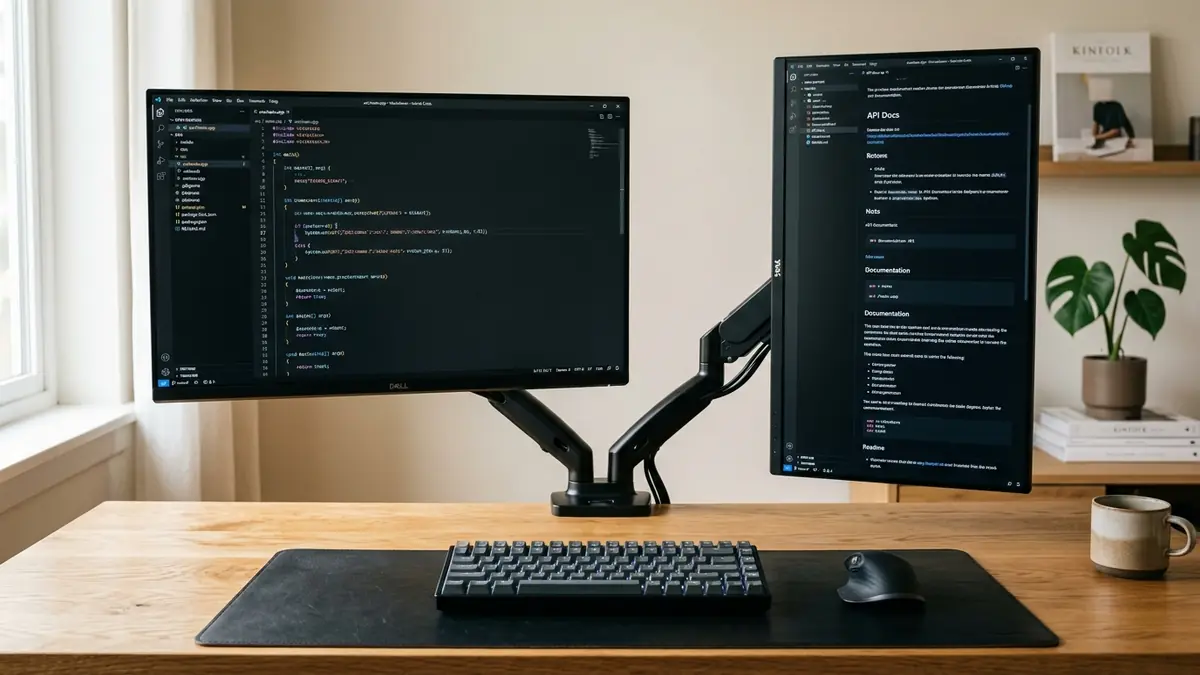 Software developer desk setup featuring dual monitors on gas spring mount, mechanical keyboard, and clean under desk cable tray