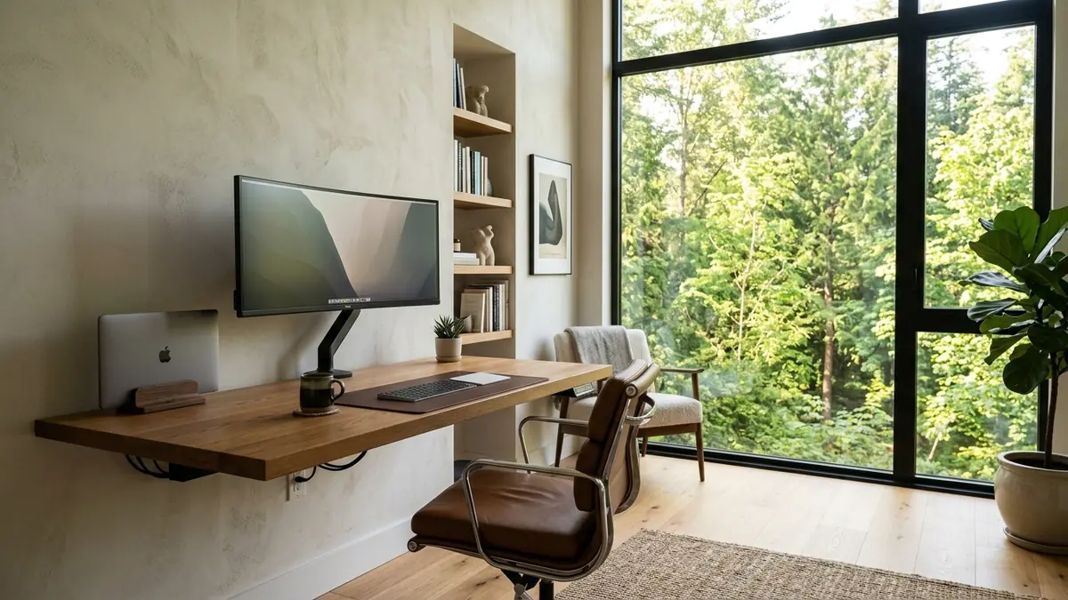 Tranquil modern executive home office tailored with floating monitor, leather desk pad, and minimalist aesthetic