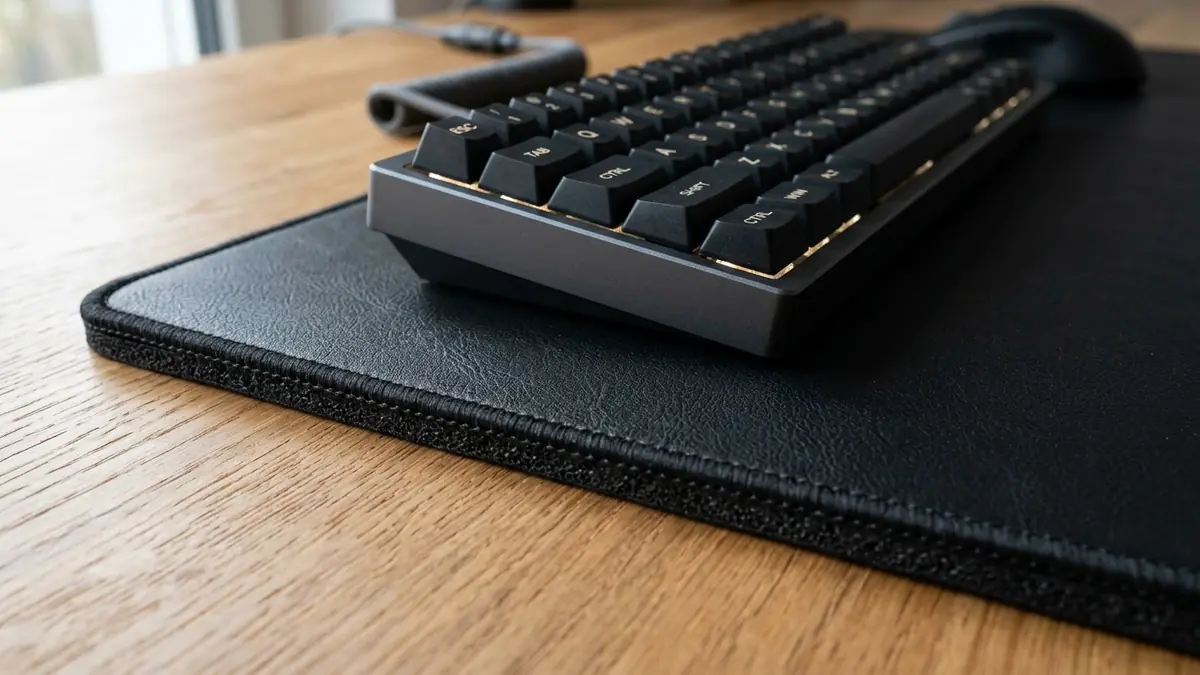 Close-up of high-density black PU leather desk mat absorbing mechanical keyboard vibrations on a solid oak desk