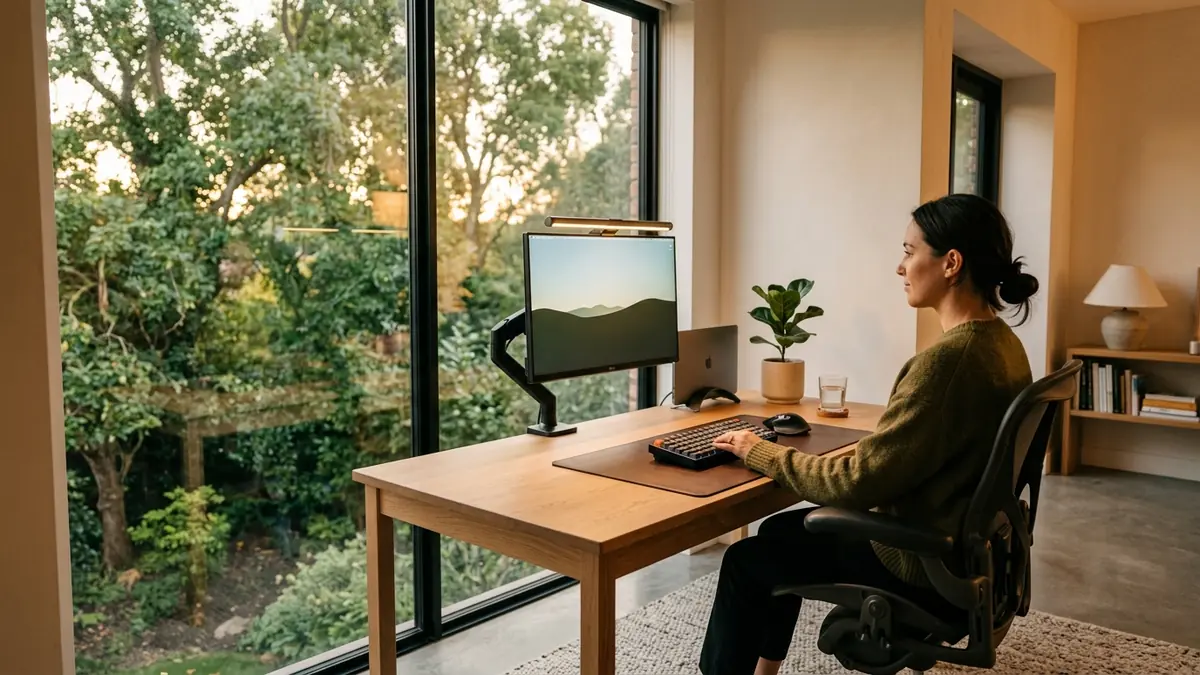 Completed environmental workspace featuring floating monitor, warm circadian light bar, leather desk pad, and lush green plant