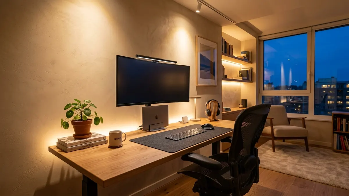 Atmospheric home office at dusk featuring warm perimeter track lighting and a crisp glare-free monitor light bar