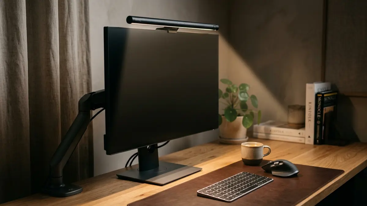 Close-up of matte black 50cm monitor light bar casting clean glare-free light across a leather desk mat