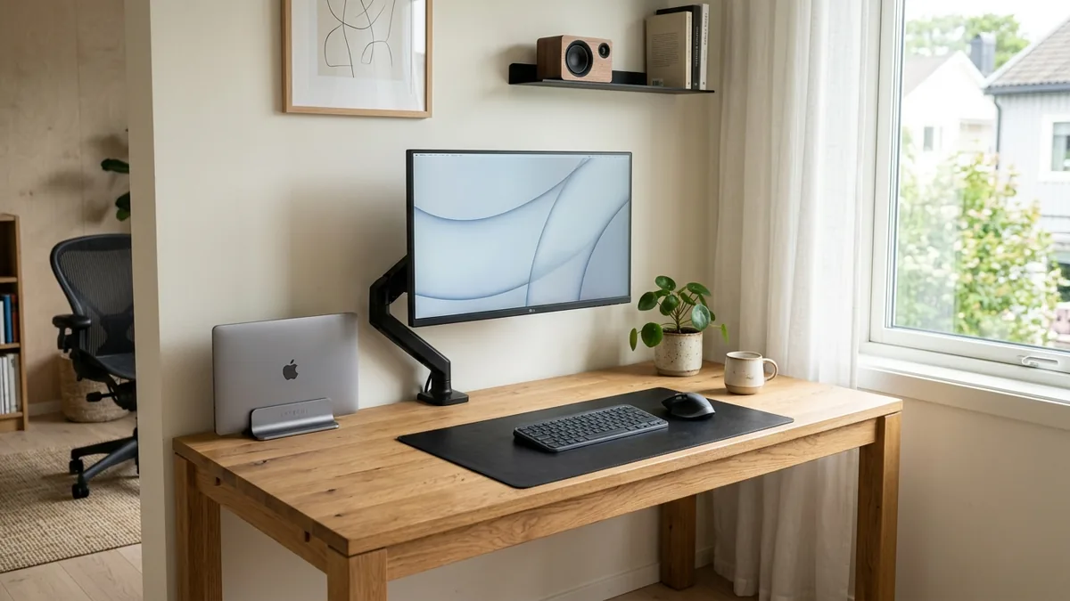 Wide angle view of a pristine Scandinavian minimalist workspace with natural light and wooden accents