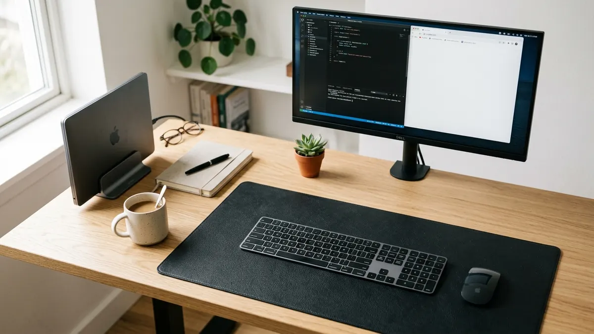Architectural diagram illustrating the 3 spatial zones of a minimalist desk setup: Primary, Secondary, and Vertical