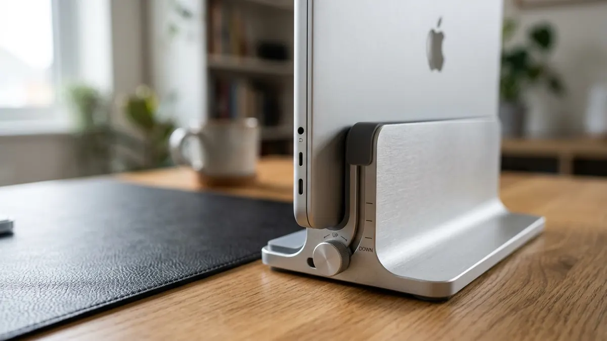 Close-up of a silver MacBook resting in an adjustable aluminum vertical laptop stand next to a leather desk pad