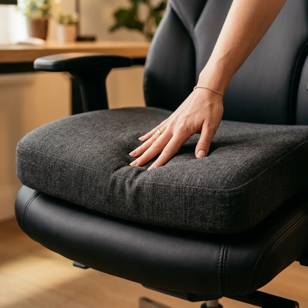 High density molded memory foam cushion seat on a supportive ergonomic office chair