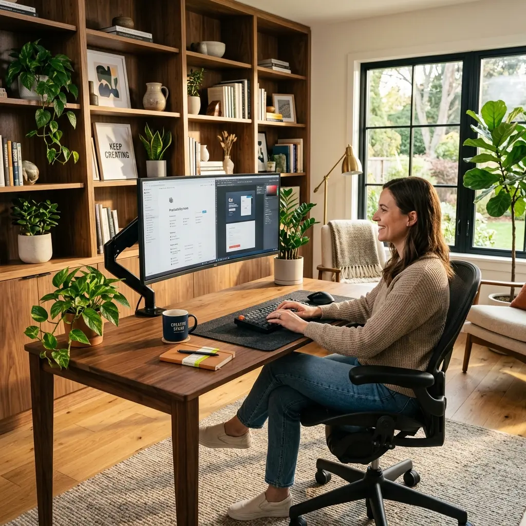Minimalist home office desk setup with an ergonomic black mesh chair and plants
