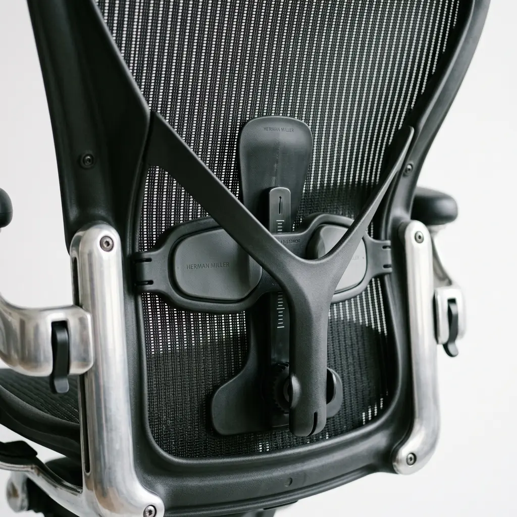 Close-up of taut breathable mesh weave fabric and lumbar support mechanism on an ergonomic chair
