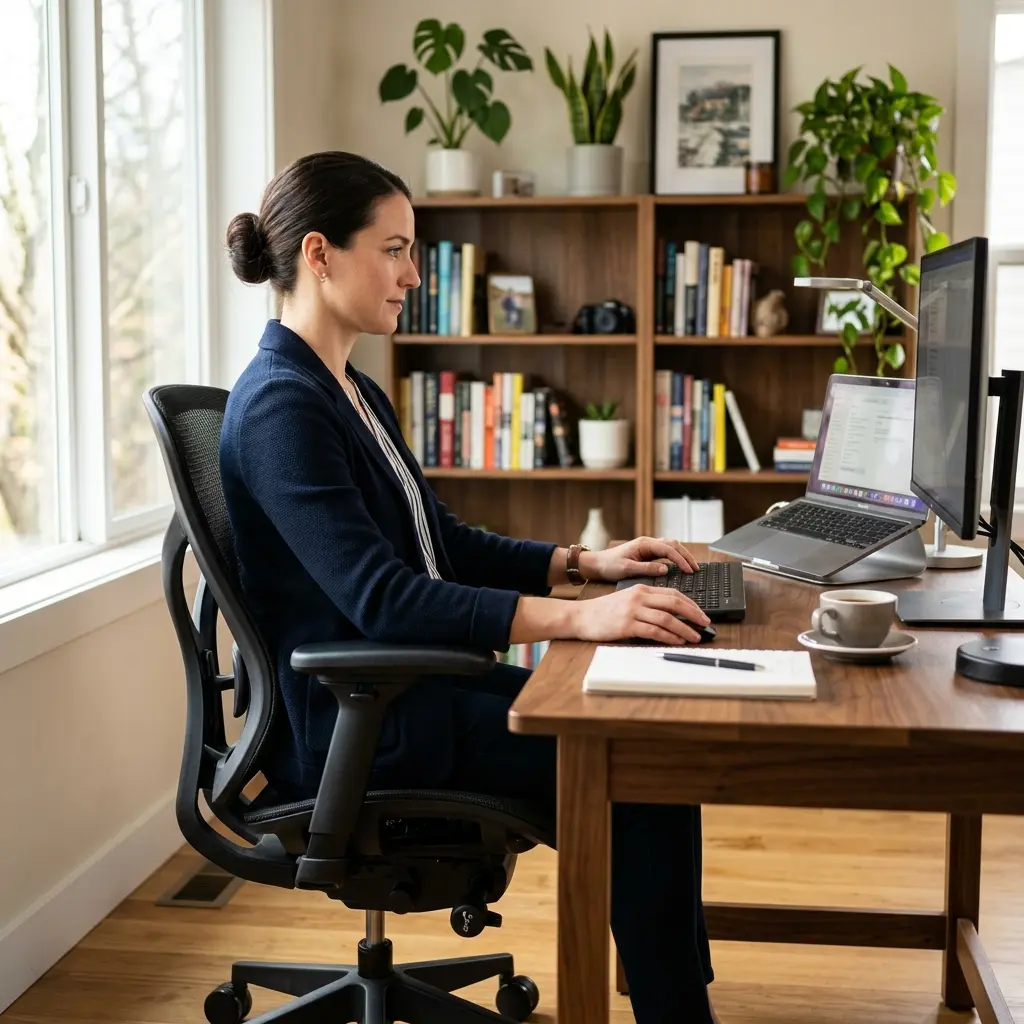Side profile showing ideal upright ergonomic sitting posture in a black mesh office chair