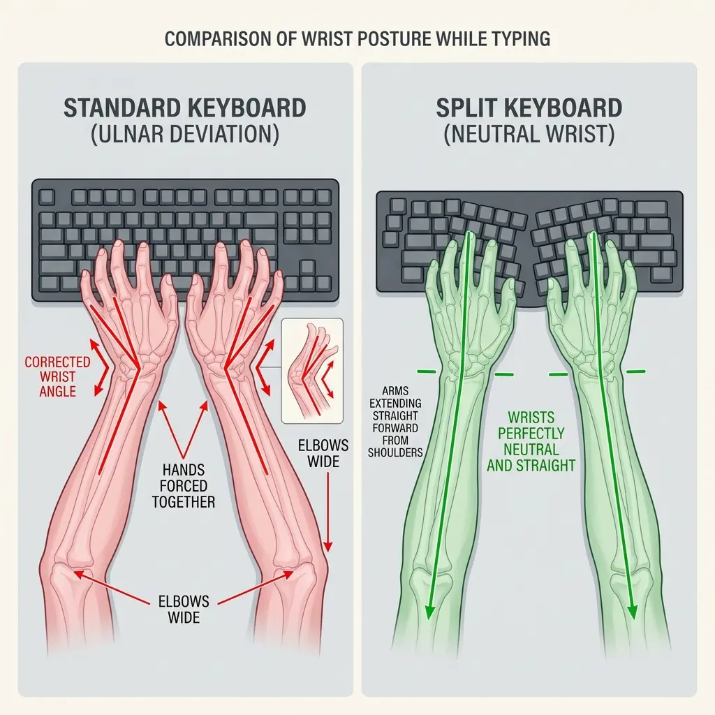 Anatomical diagram showing how standard keyboards cause ulnar deviation