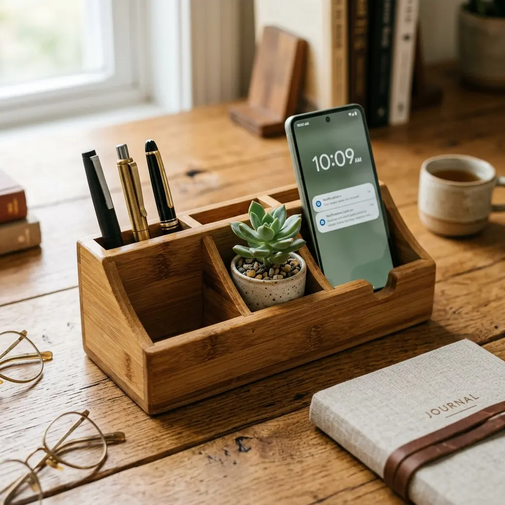 Premium bamboo desk organizer showing natural wood grain
