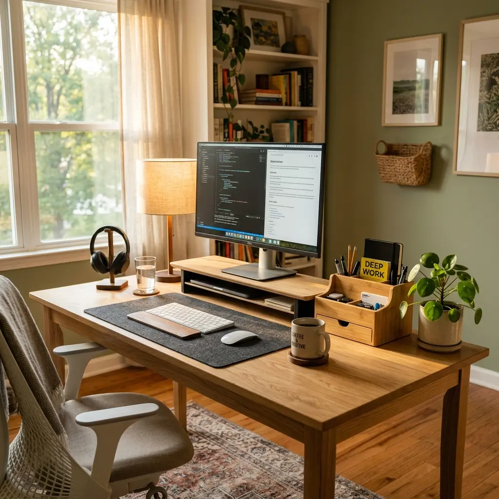 Beautifully organized home office featuring bamboo desk accessories and natural elements