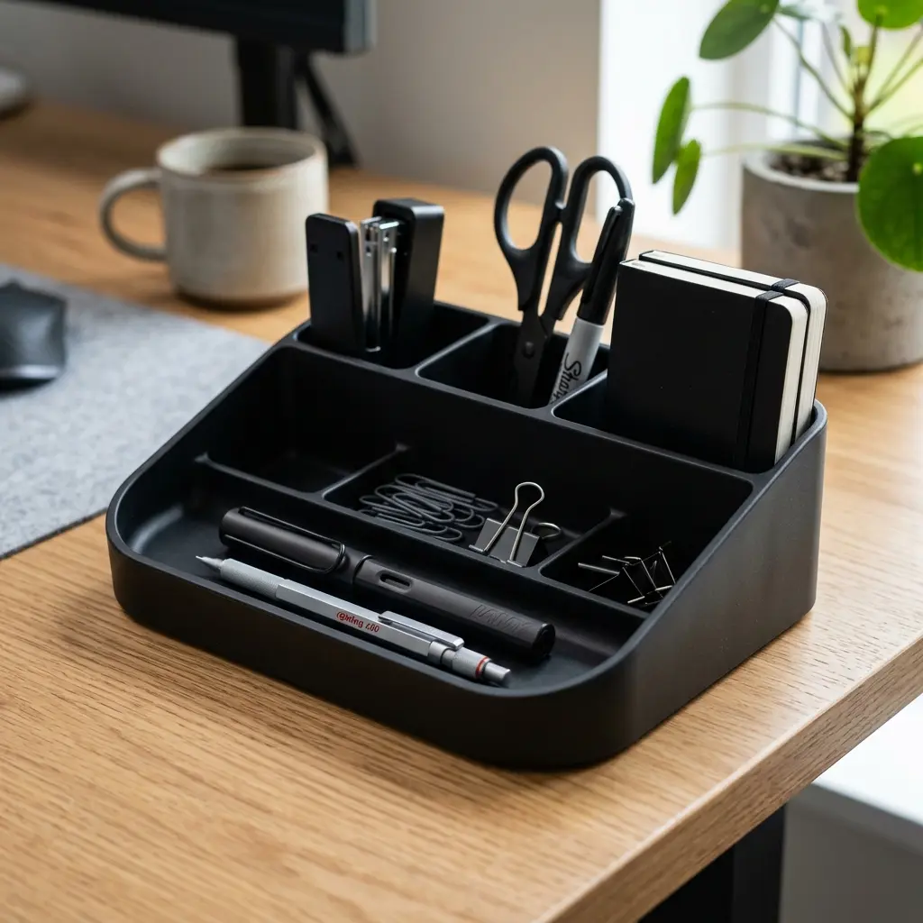 Matte black plastic desk organizer with sleek curved compartments