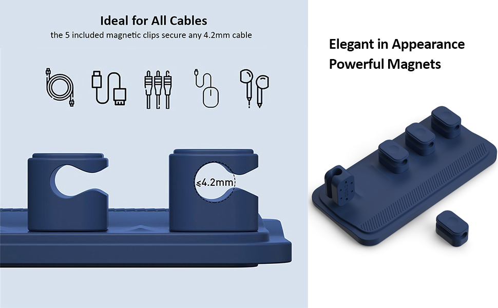 Magnetic cord keeper managing multiple cables on desk