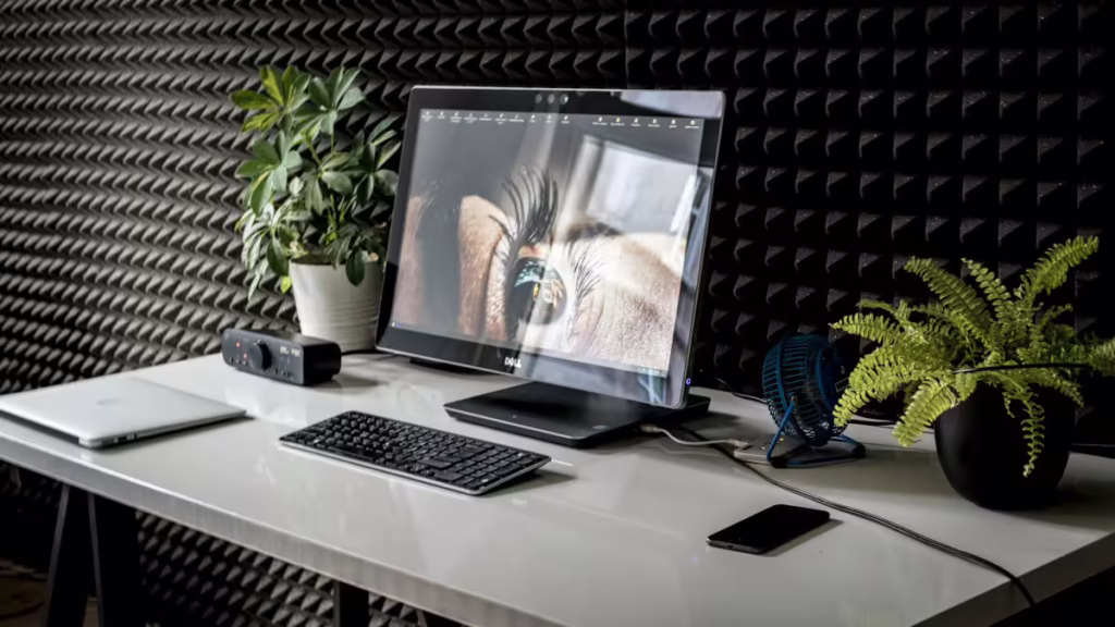 Desk setup includes  biophilic elements and plants.