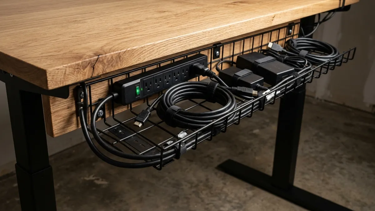 Clean financial analyst desk setup featuring curved display and zero visible cords with cable tray