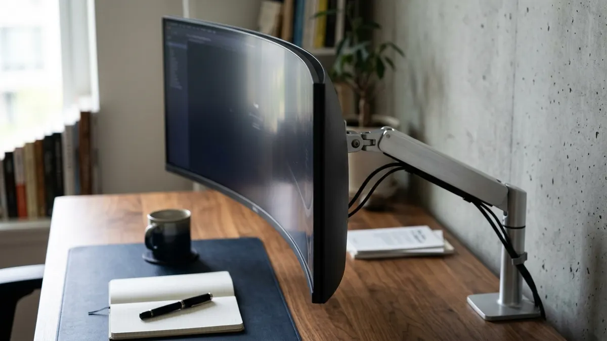 Side angle diagram showing the 1800R and 1500R curvature radius of an ultrawide monitor compared to dual screens