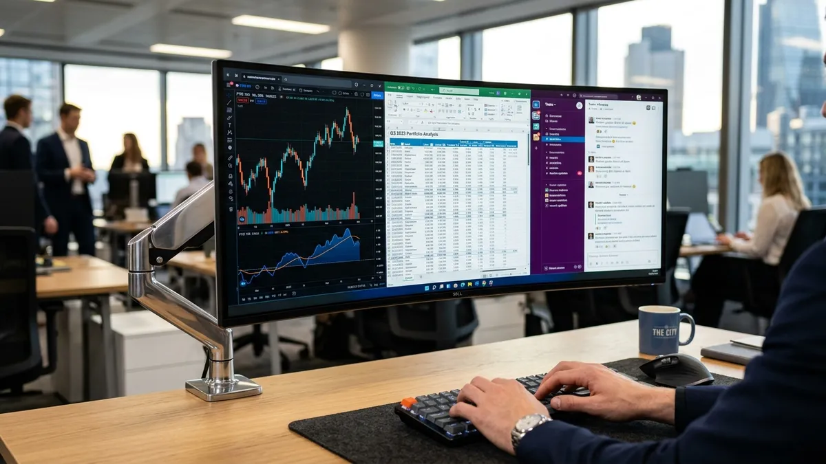 Ultrawide monitor displaying three parallel software windows using virtual grid snapping software