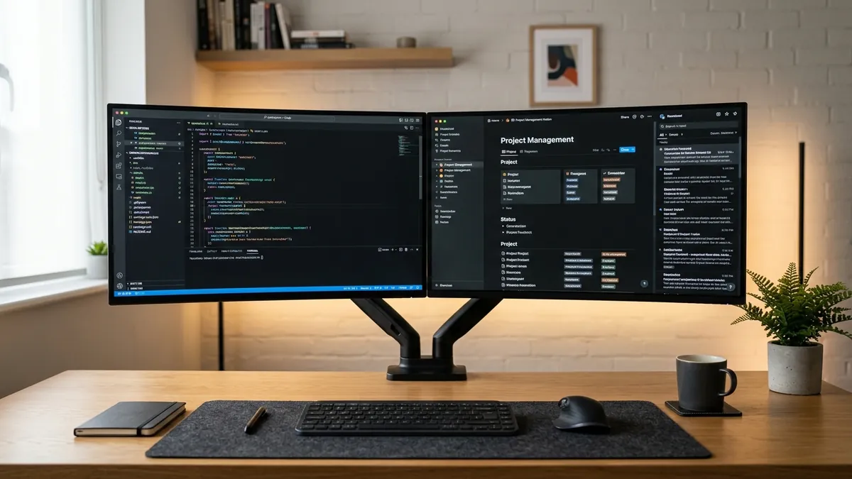 Dual monitor arm setup showing seamless horizontal alignment and inward cockpit curvature