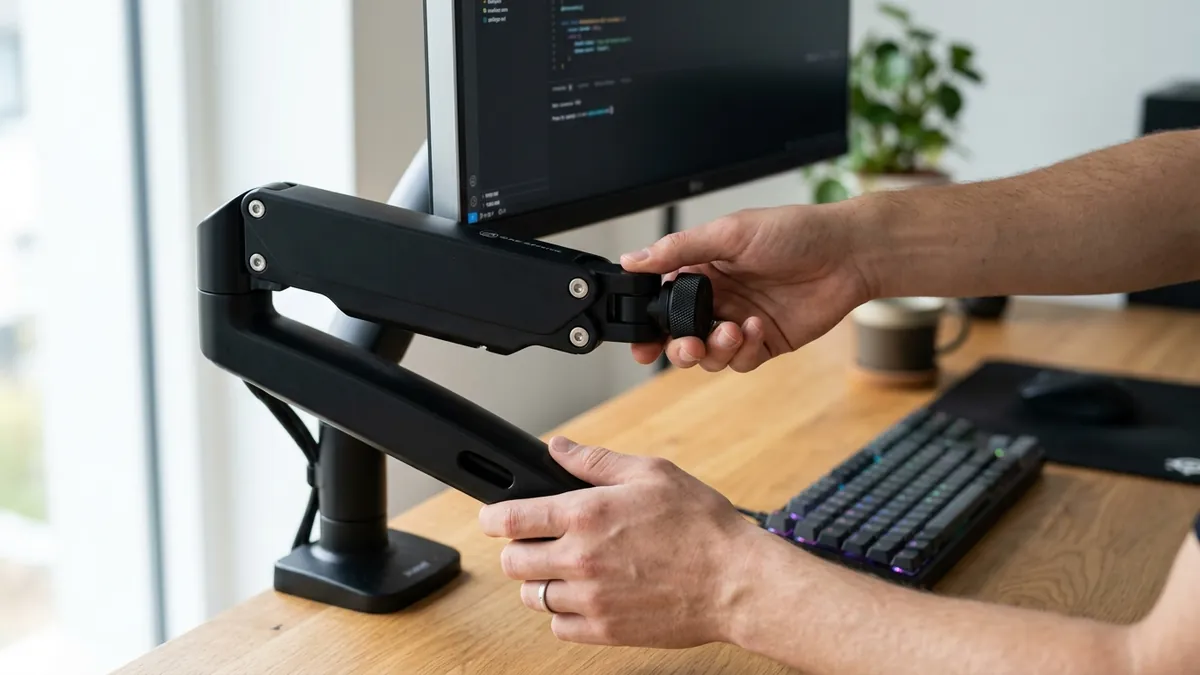Close-up hands adjusting a gas spring monitor arm to calibrate screen height at eye level