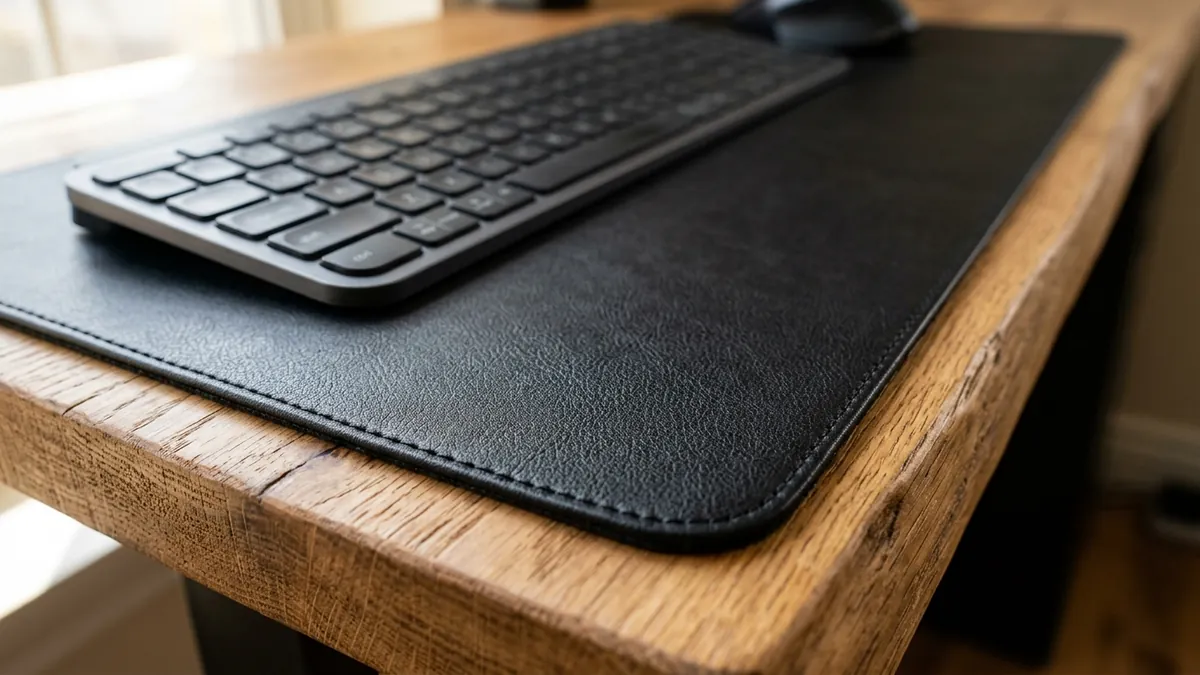 Close-up shot of wrists resting in neutral alignment on a black PU leather desk mat beside a wireless keyboard