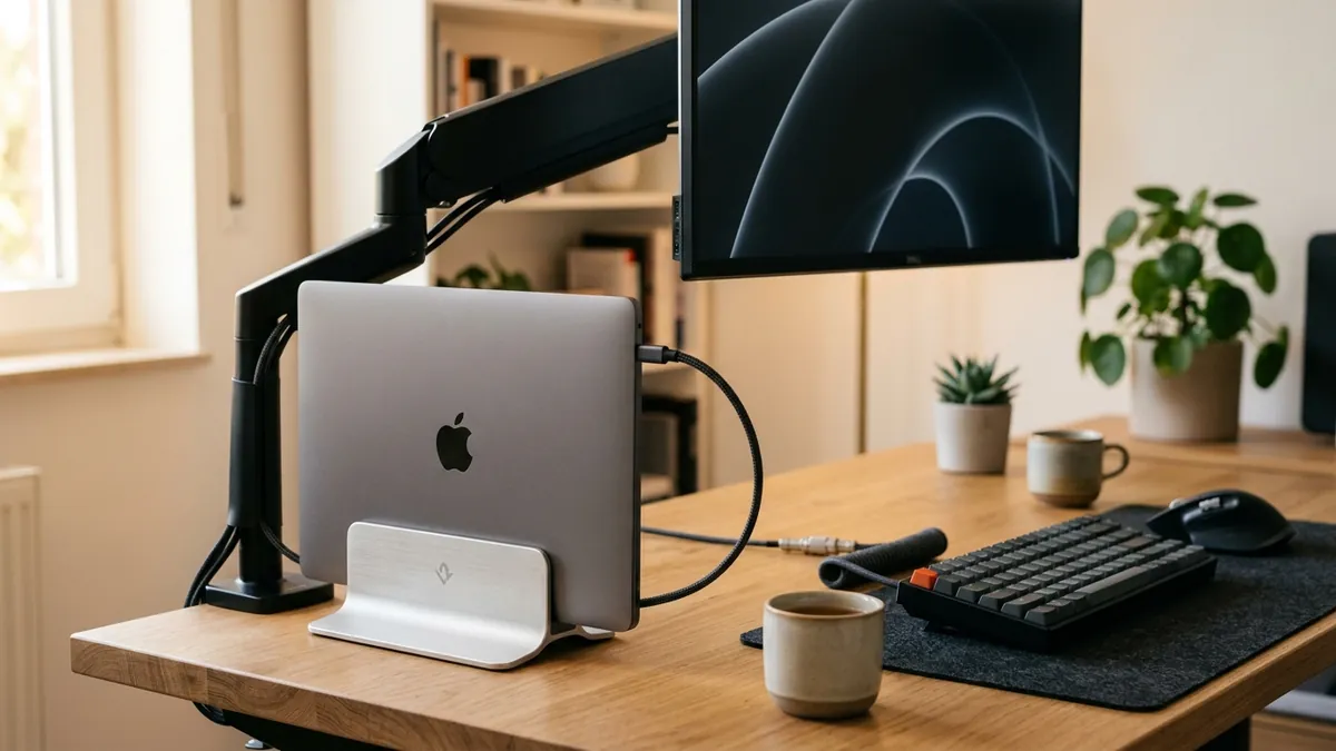 Minimalist desk setup showing MacBook docked in vertical stand paired with external monitor and leather desk pad