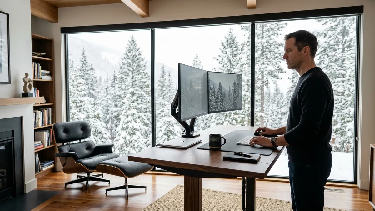 Fully upgraded standing desk with cohesive black and walnut styling after installing a desk bundle