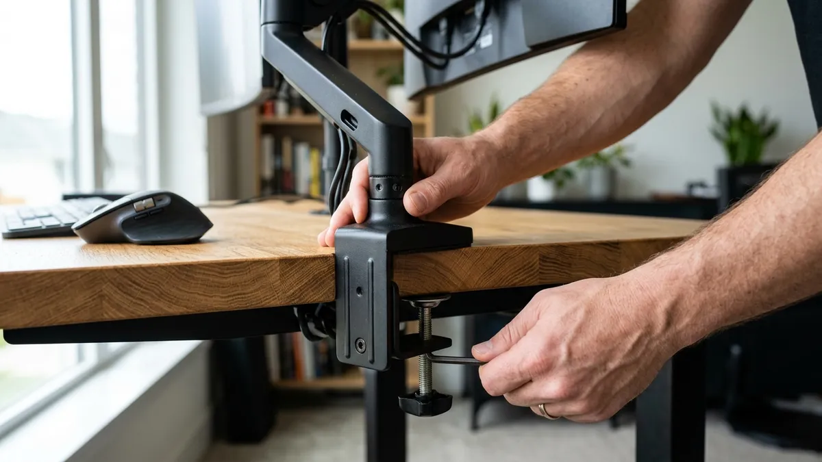Home office worker easily installing a monitor arm and under desk tray from a bundle kit