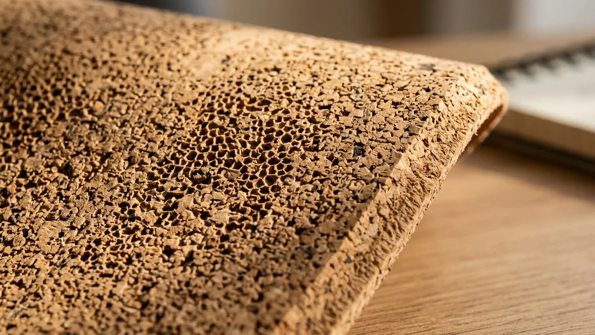 Extreme close-up macro texture photograph of genuine natural cork grain showing cellular honeycomb