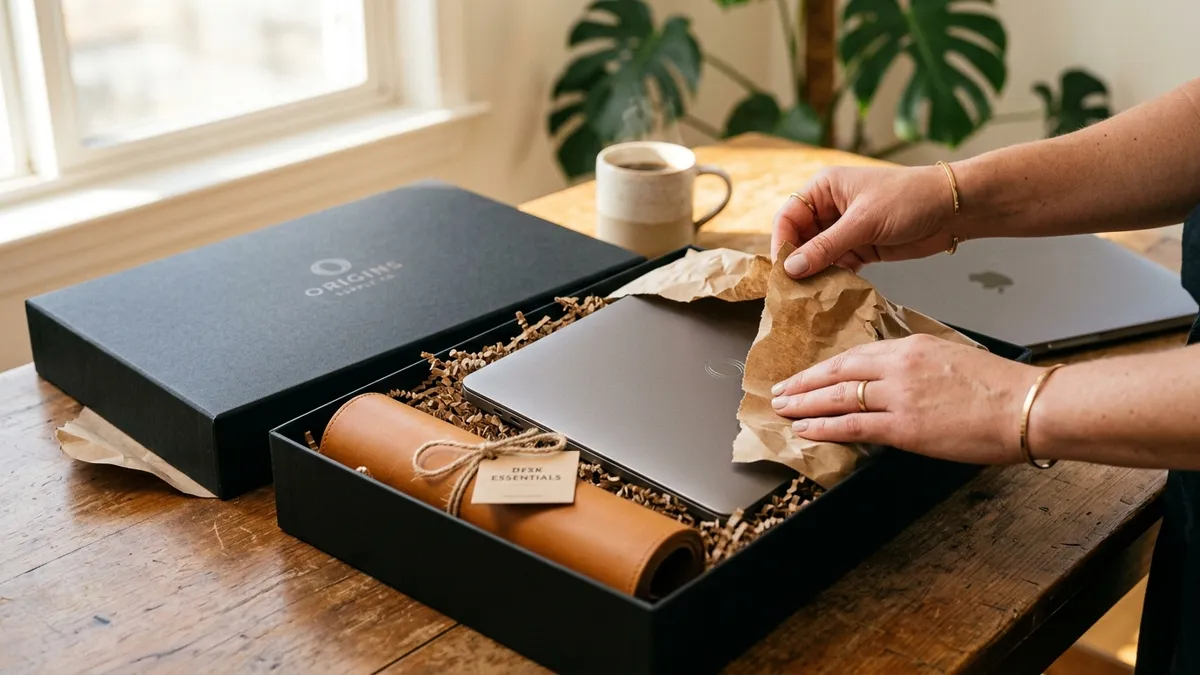 Carefully packaged ergonomic desk gift bundle being unboxed on a clean workspace