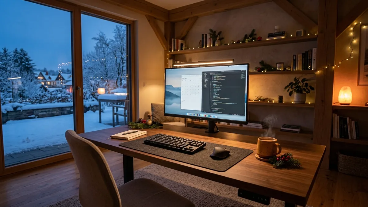Warm winter holiday desk setup with gentle fairy lights and pristine cable free layout